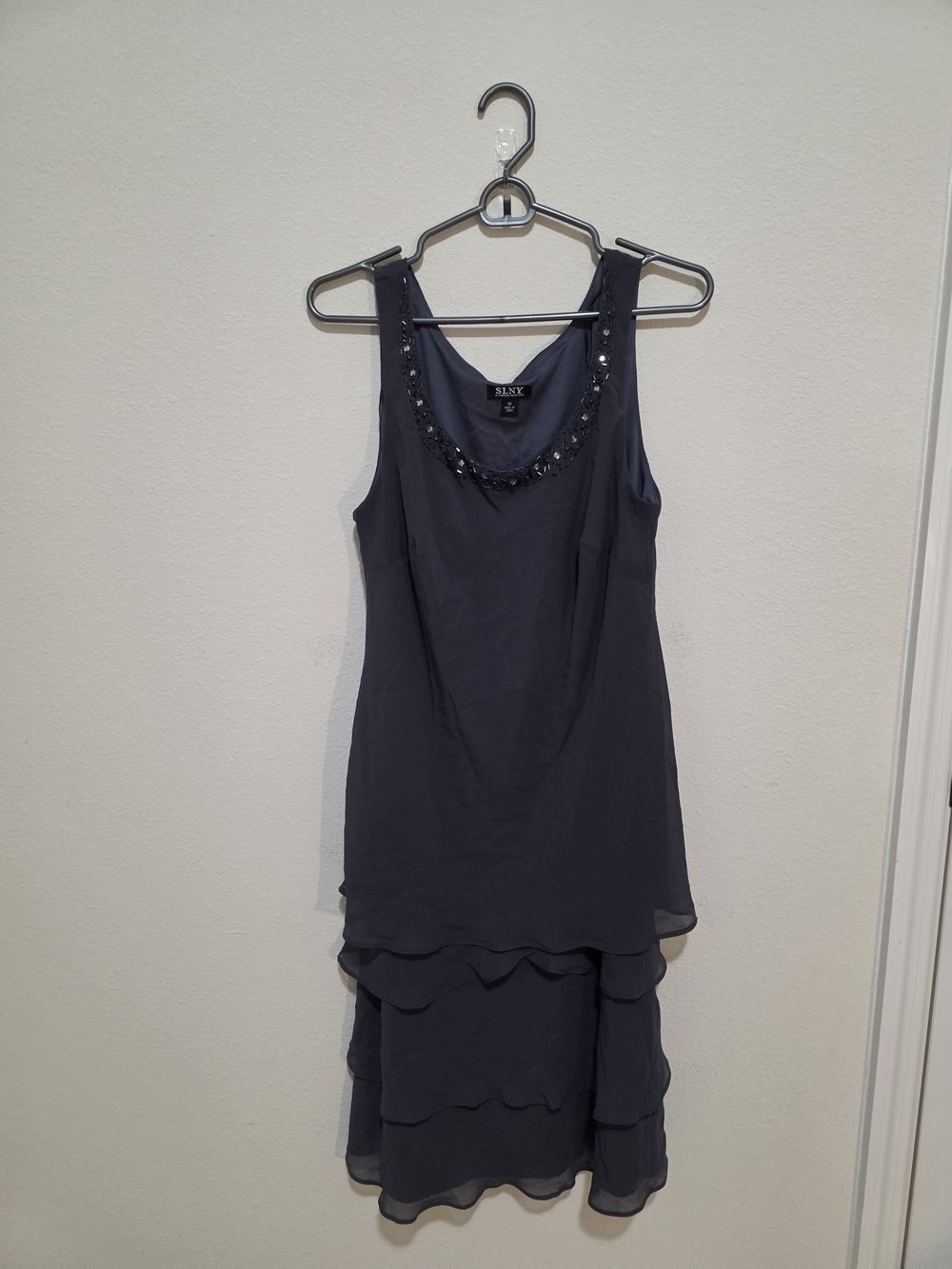 SLNY Navy Beaded Scoop Neck Midi Dress